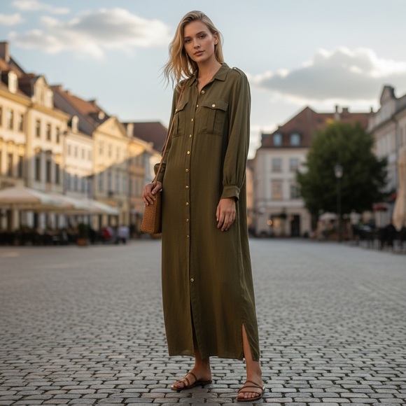 MICHAEL Michael Kors Utility Maxi Shirt Roll Tab Sleeves Snap green Linen Dress - Picture 2 of 9